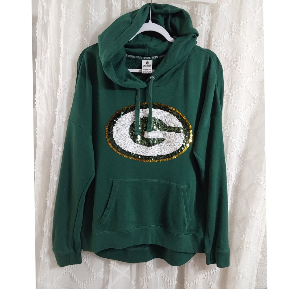 Victoria's Secret PINK Green Bay Packers Sequin Logo Hoodie Green Large